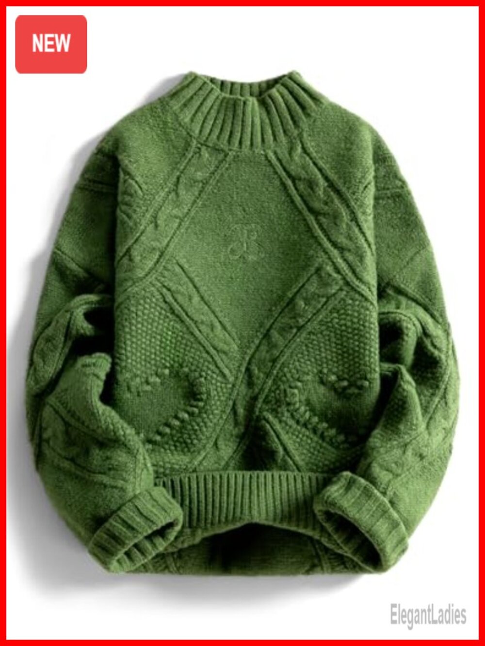 Oversized Cable Knit Chunky Sweater Mock Neck Long Sleeve Heart Pullover